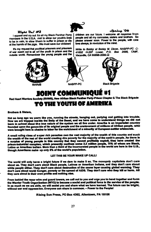 Mot 80 ong 890 we wers ke you, Ring the sirets, hanging out. partying ind geting rto rouble. e are Bapped inatde the Bei of the Bess, and we have come o Undentand things we i not Taam i <00t bou the 18 natre of the aysiem we Al e under. Amarka s an Imperiale country Touncad upon U ganoc e of e original peope 4nd the enaiavement of milions of Afrkan people, who. s beought her n Shaing o ar fo e srichment of & miacety of Europeas seter sristocrs.  H  though Amerkans make up only 8% ofthe words popuietion.  LET T8 BE YOUR WAKE UP CALLI| The workd wil only have 8 bight uure f we dar to make K so. The coptaats don’ care bout v They dow cars about Bisck peopie, Laince or Amarikan indiane, nd they don care 450Ut  Rising Sun Press, PO Box 4362, Allentown, PA 18106  n 